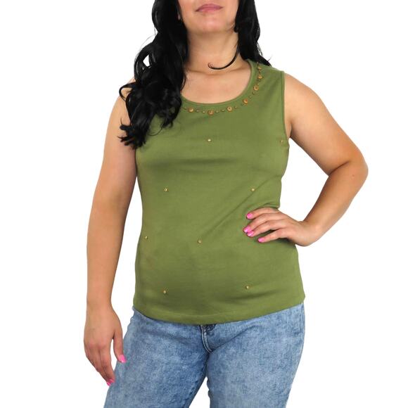 Croft & Barrow 1990s Vintage Olive Green Beaded Tank Top Boho Hippie Medium - Picture 5 of 5
